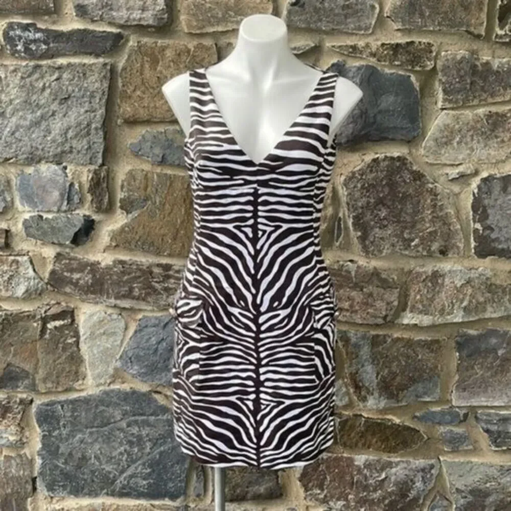 Michael Kors Coffee Brown & White Zebra Print V-Neck Sleeveless Dress Size 8